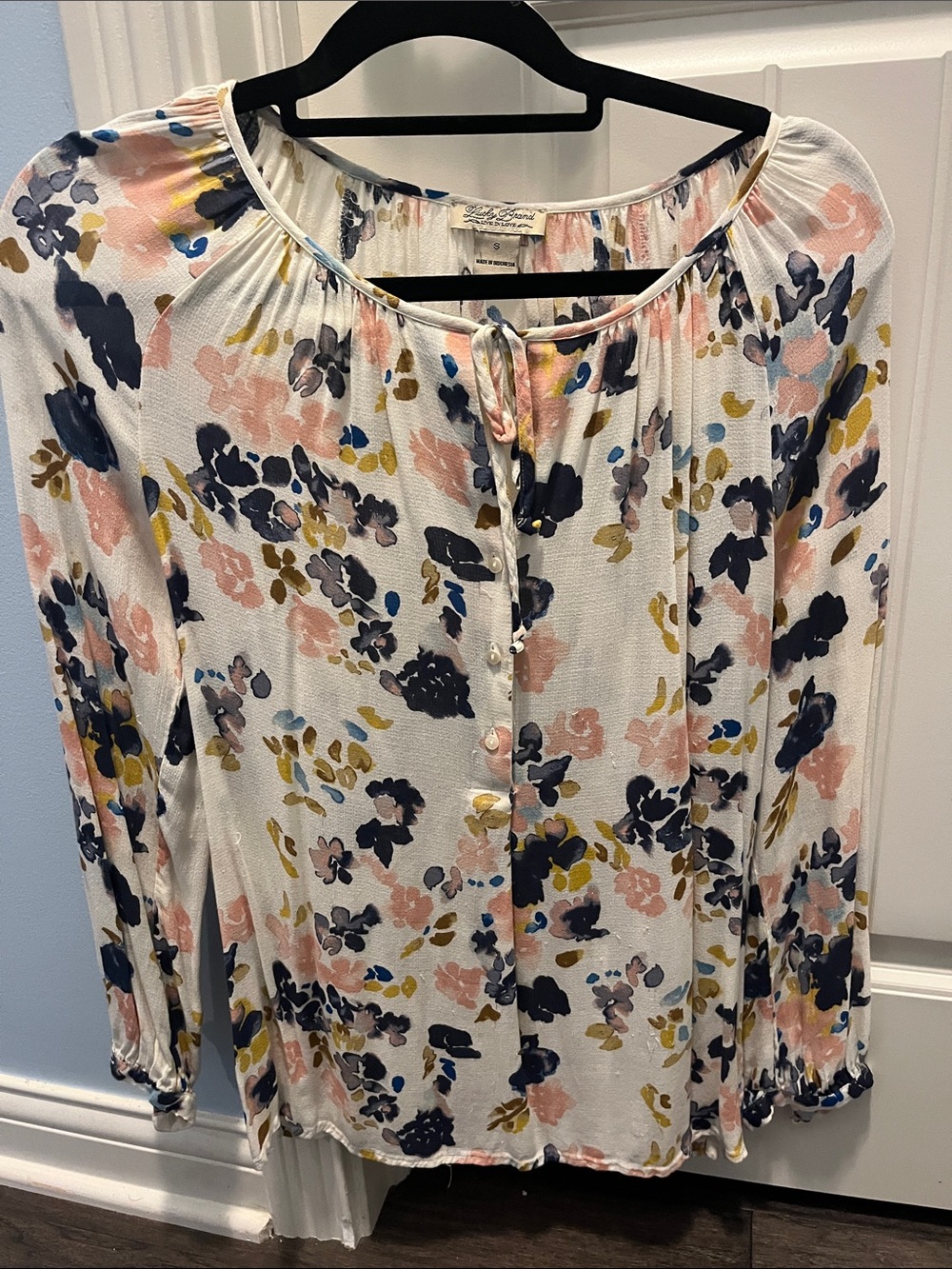 Lucky Brand White Floral Peasant Blouse with Navy, Pink & Mustard Accents